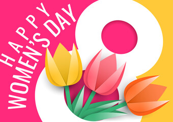 International women's day. Number 8 cut out of paper with three multi-colored paper tulips. Poster template for Celebrating Happy Mothers Day event party. Vector illustration