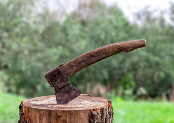 Old rusty axe with wooden handle stuck in the stump. blurred background with pile of wood logs, Large ax sticks out in felled wood of background of forest. Blurred background, sunlight effect
