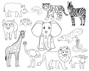 Set of white cartoon isolated outline Savannah animals. Tiger, lion, rhinoceros, common warthog, African buffalo, tortoise, chameleon, zebra ostrich, elephant, giraffe, crocodile, cobra for children.
