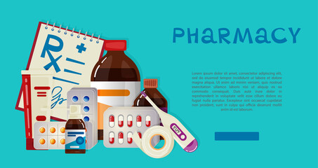 Medical Information Template with Space for Text and Image of Medicines on Blue Background. Vector Illustration in Flat Cartoon Style.
