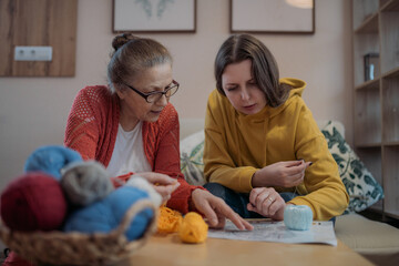 Mom and daughter knit together on the couch. Family friendly leisure