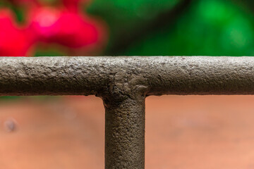 Rust damage paint and corrosion flange on the roof tank. plumbing iron pipes, industry, manufacture...