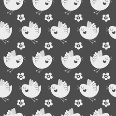 Simple cute stylized birds on a dark background. Seamless pattern for packaging, wallpaper, paper, scrapbooking. Kids decor