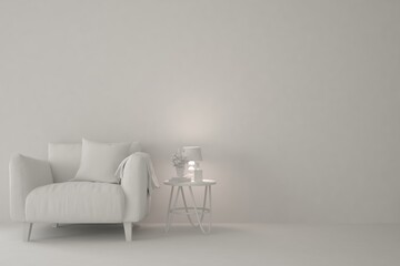 Mock up of stylish room in white color with armchair. Scandinavian interior design. 3D illustration