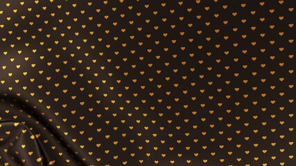 Black silk with golden hearts pattern. Beautifully laid fabric. Elegant fabric horizontal background. High resolution.