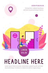 Handicapped man in wheelchair looking at staircase. Help, restriction, inability flat vector illustration. Social problem and assistance concept for banner, website design or landing web page