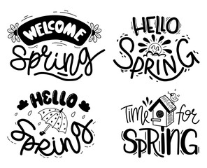 Obraz premium Set of different phrases about spring. Collection of hand drawn lettering, black color. Words isolated on white background for decoration, design, print.