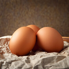 Close-up of chicken eggs. Raw brown chicken eggs on crumpled wrapping paper on a dark background. High calorie protein food concept.