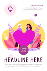 Cheerful female gay couple holding red heart. Homosexual women, LGBT, lesbian flat vector illustration. Relationship, love, marriage concept for banner, website design or landing web page