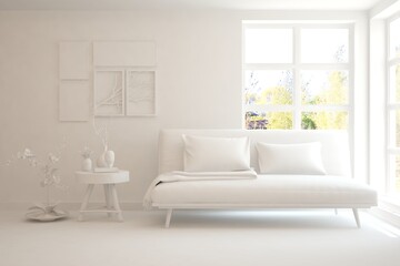 White living room with sofa and summer landscape in window. Scandinavian interior design. 3D illustration
