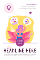 Happy woman choosing between tropical island and cocktail. Beach, bar, resort flat vector illustration. Choice, summer vacation concept for banner, website design or landing web page