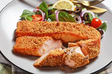 Panko crusted baked salmon fillets, veggies salad