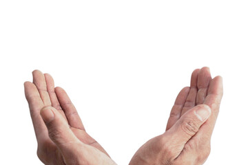 Hands of Christian man with open gratitude hand prayer Christians pray isolated on a white background with clipping path. Religion concept symbol Chris