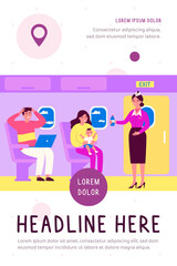 Woman with screaming baby travelling by plane. Stressed passengers, stewardess with water flat vector illustration. Transportation, tourism concept for banner, website design or landing web page