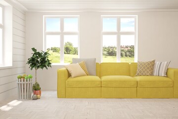 White living room with sofa and summer landscape in window. Scandinavian interior design. 3D illustration
