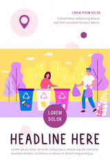 Positive man and woman sorting waste. Volunteers, trash bin, garbage collecting flat vector illustration. Recycling, separation, volunteering concept for banner, website design or landing web page