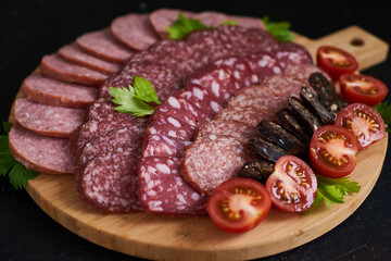 Assorted sliced sausages of different flavors. Served on a beautiful wooden tray, with herbs and cherry tomatoes