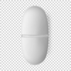 Oval cylinder white pill realistic 3d vector illustration. Universal tablet closeup isolated medicament. Painkiller or antibiotic mockup, close-up. Pharmaceutical medicine.