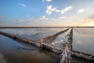Fototapeta na wymiar Pomorie salt lake near the town of Pomorie, Burgas region, Bulgaria. Sea salt production