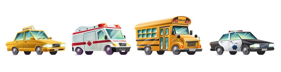 Vector cartoon collection of cars, yellow taxi, ambulance, school bus and police car. Isolated on white background.