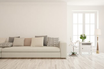 White living room with sofa. Scandinavian interior design. 3D illustration