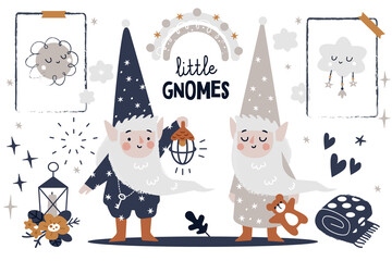 Baby nursery decor, seamless vector pattern. Little gnome textile design. Magic good night story illustration.