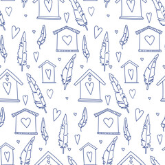 Seamless vector pattern with blue birdhouses, hearts and feathers. Hand-drawn backgrounds for wallpaper, screensavers, backgrounds, fabric