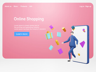 3d illustration cartoon Men shopping on mobile phones, Online delivery service concept - Web banner, start site page, infographics