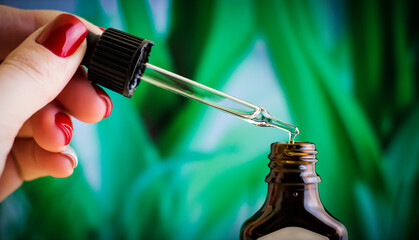 A drop of liquid from a pipette on a green background.