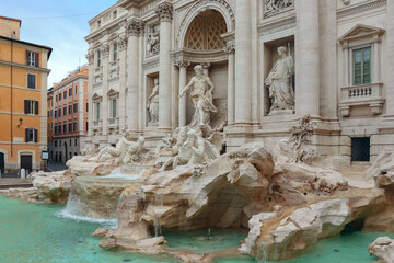 Fototapeta na wymiar View of the Trevi Fountain in Rome and Palazzo Poli, one of the most visited tourist sites in Rome, Italy