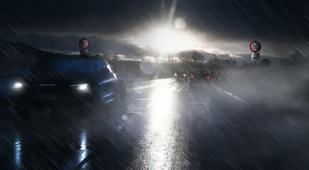 Auto fahren bei bei Nässe, Regen, Schnee und schlechter Sicht. Schlechtes Wetter mit Geschwindigkeitbegrenzung.