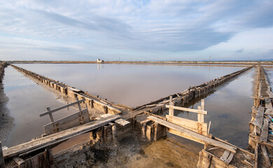 Pomorie salt lake near the town of Pomorie, Burgas region, Bulgaria. Sea salt production