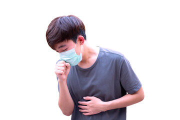 A young man sick , wearing a mask on the face for protection Prevent infection and viruses (COVID-19) with colors White background