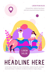 Tiny people holding meat and fish. Burger, salmon, meal flat vector illustration. Food and nutrition concept for banner, website design or landing web page