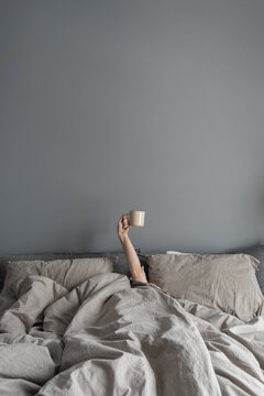 Woman laying in bed and holding mug with coffee with hand. Happy morning concept. Minimalist modern interior design concept with neutral nordic bedroom, bed, crumpled linen, pillows against grey wall.