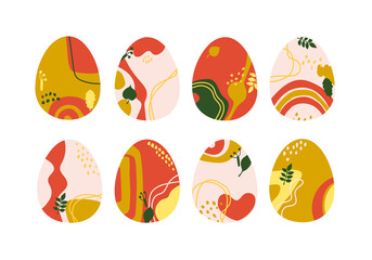 Abstract multicolor composition in the shape of an egg. Set of decorative Easter eggs. Spots, blots, leaves, illustration for design. Isolated over white background.