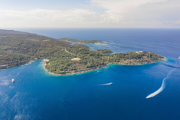 Aerial drone high angle shot of peninsula of Vis Island coastline in Adriatic sea in Croatia summer
