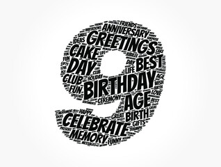 Happy 9th birthday word cloud, holiday concept background