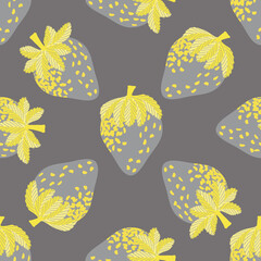 Ripe strawberry seamless vector pattern background. Painterly hand drawn garden berries yellow grey backdrop. Duotone organic soft fruit all over print for healthy food or summer home grown concept