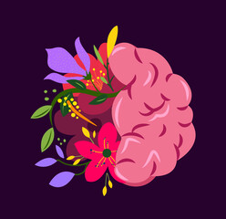 Beautiful Flowered Brain System,Cerebrum Structure.Flower Anatomy.Floral Internal Organ.Neurology Organ.Cerebellum Health.Anatomical Bright Healthy Brain,Flowers,Herbal Nature.Flat Vector illustration