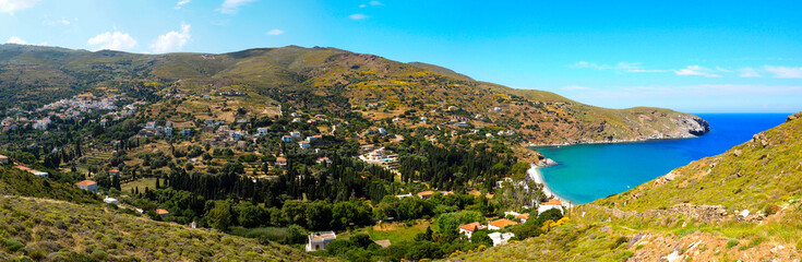 Gialia beach, famous beach near the old town of Chora in Andros, famous Cycladic island in the heart of the Aegean Sea