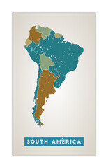 South America map. Continent poster with regions. Old grunge texture. Shape of South America with continent name. Authentic vector illustration.
