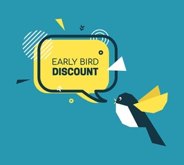 Early bird discount banner in paper cut style. Speech bubble with geometric shapes. Special discount sale event banner or poster with chirping cute bird. Vector flat illustration. Advertising template