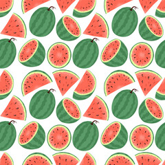 Fresh and ripe watermelon vector hand drawn seamless pattern. Watermelon slices, summer food illustration.