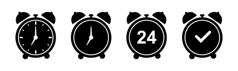 Set of alarm clock icons. Various alarm clock signs, alarm clock. Vector illustration.