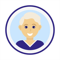 Smiling boy face with fair hair and wearing blue sweater. Male face. Blond man avatar. Handsome man portrait. Isolated flat vector illustration.