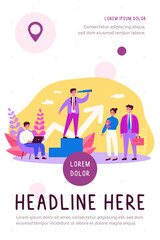 Business leader and his team. Businessman with spyglass looking faraway, managers with laptop and briefcase. Can be used for leadership, management, planning, training, challenge concept