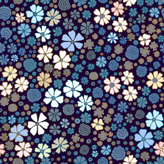 Seamless pattern with small flowers. Cute blossoms background. Grey, brown, white, blue. Vector illustration