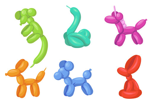 Creative colorful helium balloon animals flat illustration set. Cartoon cute latex dog, monkey, snake, horse isolated vector illustration collection. Holiday celebration and party concept