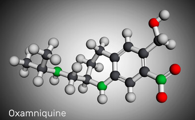 Oxamniquine molecule. It is member of quinolines, anthelmintic with schistosomicidal activity against Schistosoma mansoni, used to treat schistosomiasis. Molecular model. 3D rendering